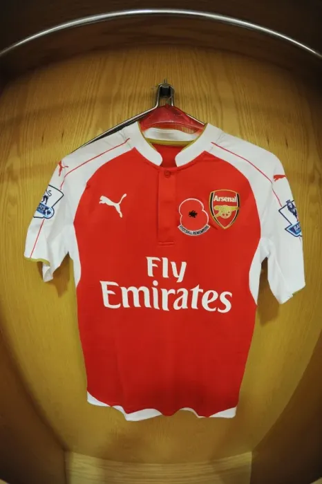 Framed Print : Arsenal's Poppy Shirts in Arsenal Home Changing Room Before Arsenal vs. Tottenham, 2015-16 Premier League