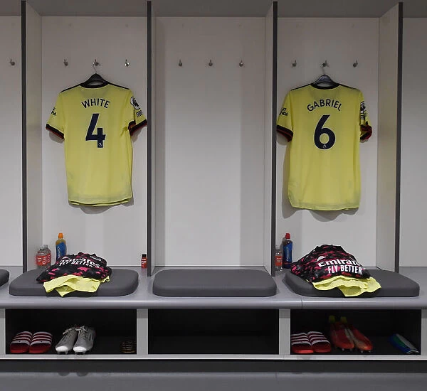 Arsenal's Pre-Match Preparation: Ben White and Gabriel's Shirts in Liverpool's Anfield Dressing Room (Liverpool v Arsenal 2021-22)