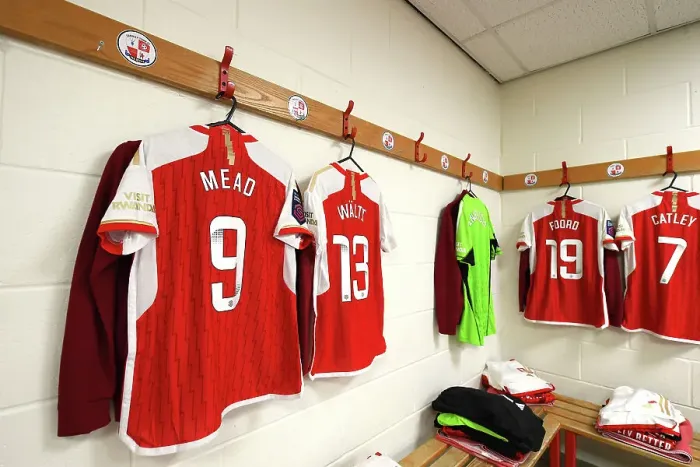 Framed Print : Arsenal's Pre-Match Preparation: Inside the Dressing Room at Brighton & Hove Albion's Broadfield Stadium (Brighton & Hove Albion vs Arsenal 2023-24, Barclays Women's Super League)