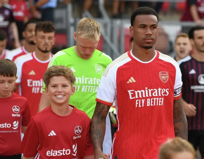Framed Print : Arsenal's Pre-Season Kickoff: Gabriel Leads the Team Out Against FC Nurnberg, Germany (2023)
