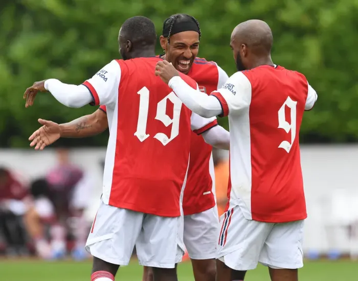 Framed Print : Arsenal's Pre-Season Triumph: Aubameyang and Lacazette Celebrate Nicolas Pepe's Goal vs Millwall (2021-22) Framed Print : Arsenal's Pre-Season Triumph: Aubameyang and Lacazette Celebrate Nicolas Pepe's Goal vs Millwall (2021-22)