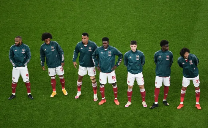 Framed Print : Arsenal's Premier League Squad: Lacazette, Willian, Gabriel, Partey, Tierney, Saka, Elneny Line Up Against Aston Villa
