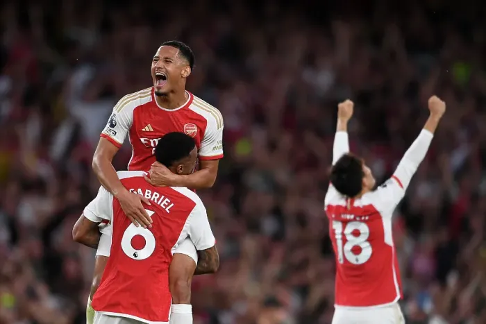 Framed Print : Arsenal's Premier League Triumph: Saliba and Gabriel's Jubilant Moment (2023-24) Framed Print : Arsenal's Premier League Triumph: Saliba and Gabriel's Jubilant Moment (2023-24)