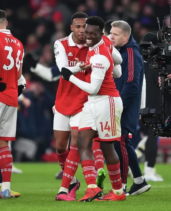 Framed Print : Arsenal's Premier League Victory: Magalhaes and Nketiah Celebrate Over Manchester United Framed Print : Arsenal's Premier League Victory: Magalhaes and Nketiah Celebrate Over Manchester United