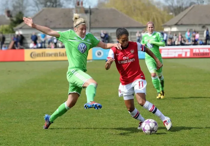 Framed Print : Arsenal's Rachel Yankey Fouls Luisa Wensing in UEFA Women's Champions League Semi-Final Framed Print : Arsenal's Rachel Yankey Fouls Luisa Wensing in UEFA Women's Champions League Semi-Final