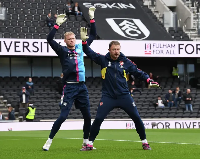 Framed Print : Arsenal's Ramsdale and Cana: Intense Focus Ahead of Fulham Match, 2022-23 Premier League