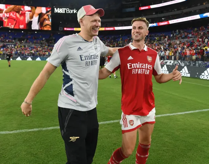 Framed Print : Arsenal's Ramsdale and Holding: A Moment of Relief and Camaraderie Post-Match at M&T Bank Stadium Framed Print : Arsenal's Ramsdale and Holding: A Moment of Relief and Camaraderie Post-Match at M&T Bank Stadium