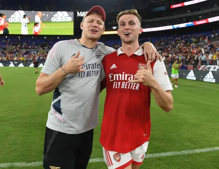 Framed Print : Arsenal's Ramsdale and Holding Post-Match in Baltimore: Pre-Season Friendly Against Everton, 2022