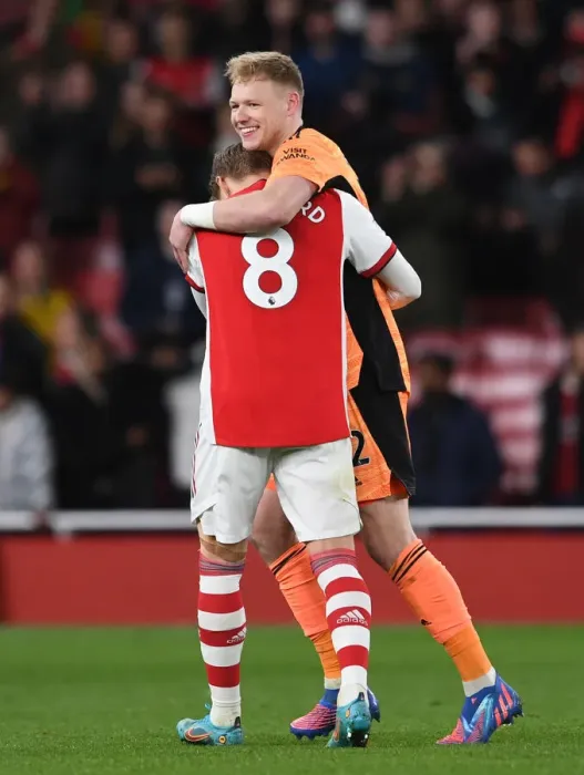 Framed Print : Arsenal's Ramsdale and Odegaard Celebrate Victory Over Leicester City