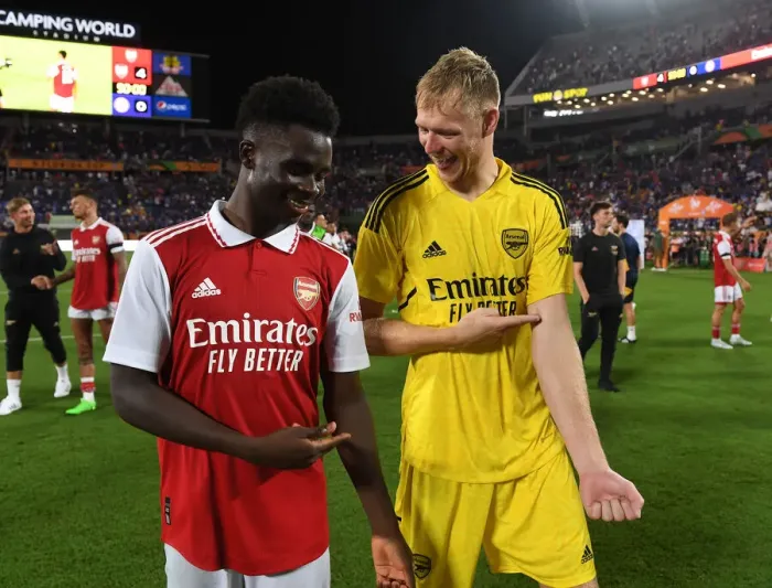 Framed Print : Arsenal's Ramsdale and Saka Reunite After Chelsea Clash in Florida Cup