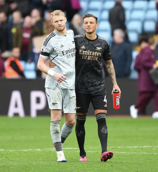 Framed Print : Arsenal's Ramsdale and White Celebrate Victory over Aston Villa in Premier League Clash (2022-23)