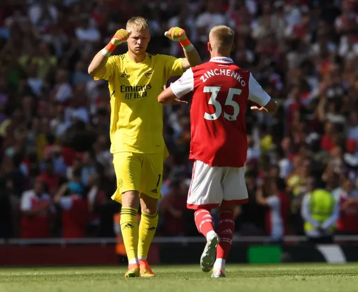 Framed Print : Arsenal's Ramsdale and Zinchenko in Action against Leicester City (2022-23) Framed Print : Arsenal's Ramsdale and Zinchenko in Action against Leicester City (2022-23)