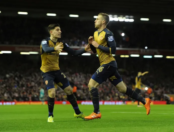 Framed Print : Arsenal's Ramsey and Bellerin Celebrate Goal Against Liverpool (2015-16)