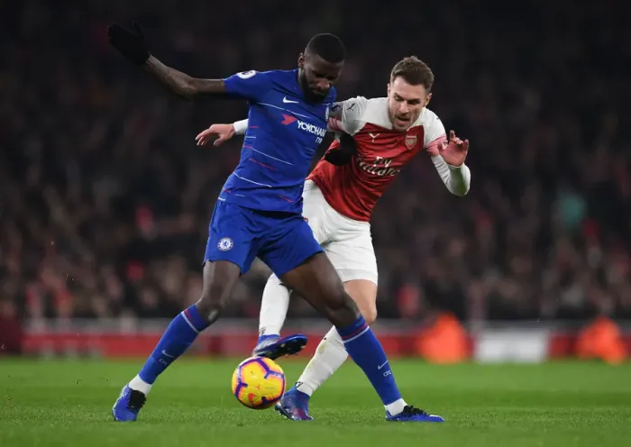 Framed Print : Arsenal's Ramsey Closes In on Chelsea's Rudiger in Intense Arsenal v Chelsea Clash