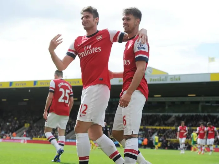 Framed Print : Arsenal's Ramsey and Giroud Celebrate Goal Against Norwich City (2013-14) Framed Print : Arsenal's Ramsey and Giroud Celebrate Goal Against Norwich City (2013-14)