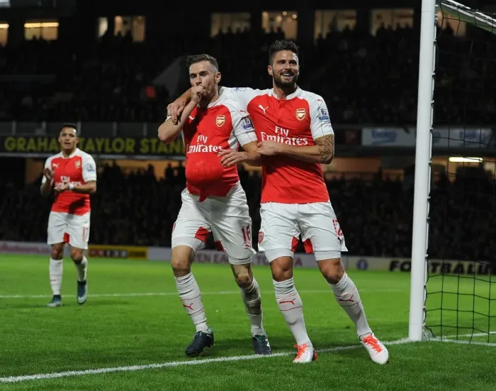 Framed Print : Arsenal's Ramsey and Giroud Celebrate Goals Against Watford (2015 / 16)