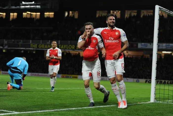 Framed Print : Arsenal's Ramsey and Giroud Celebrate Goals Against Watford (2015 / 16)