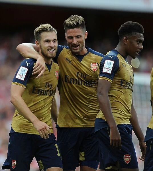 Arsenal's Ramsey, Giroud, and Iwobi: Celebrating Goals Against Olympique Lyonnais at Emirates Cup 2015 / 16
