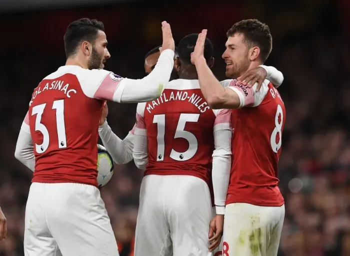 Framed Print : Arsenal's Ramsey and Kolasinac Celebrate Goal Against Newcastle United