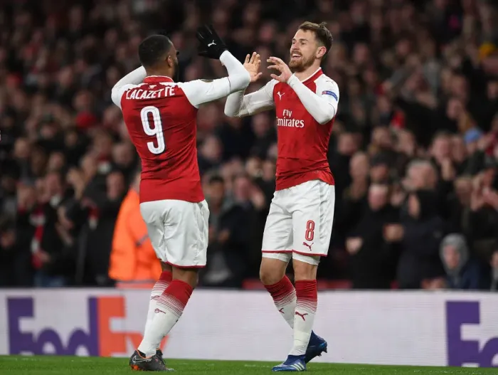 Framed Print : Arsenal's Ramsey and Lacazette Celebrate Goals in Europa League Quarterfinal vs. CSKA Moscow Framed Print : Arsenal's Ramsey and Lacazette Celebrate Goals in Europa League Quarterfinal vs. CSKA Moscow