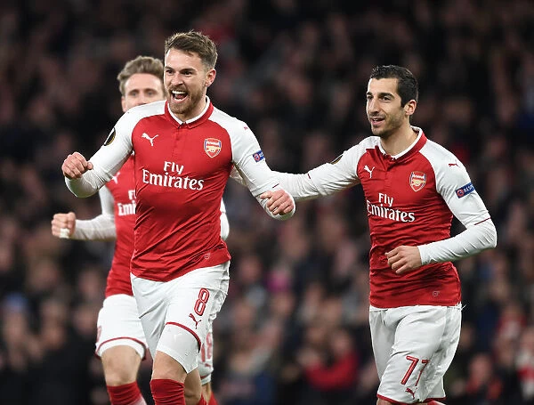 Arsenal's Ramsey and Mkhitaryan Celebrate Goal in Europa League Quarterfinal vs CSKA Moscow