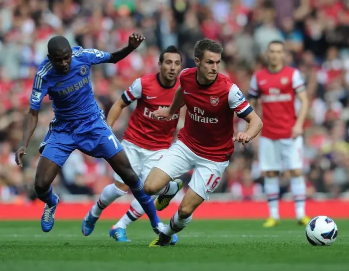 Framed Print : Arsenal's Ramsey Outmaneuvers Chelsea's Ramires in 2012-13 Premier League Clash