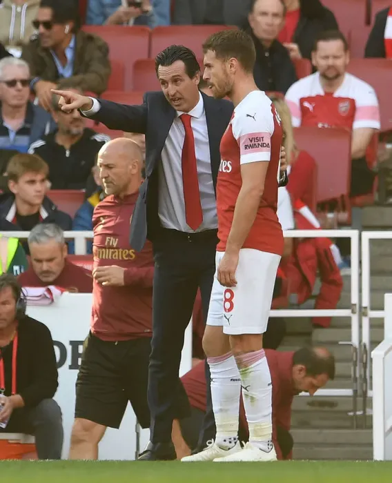 Framed Print : Arsenal's Ramsey Receives Instructions from Emery during Arsenal v Watford Match Framed Print : Arsenal's Ramsey Receives Instructions from Emery during Arsenal v Watford Match