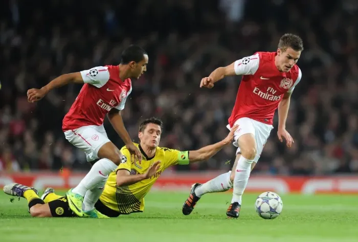 Framed Print : Arsenal's Ramsey and Walcott vs Dortmund's Kehl: A Battle in the 2011-12 Champions League