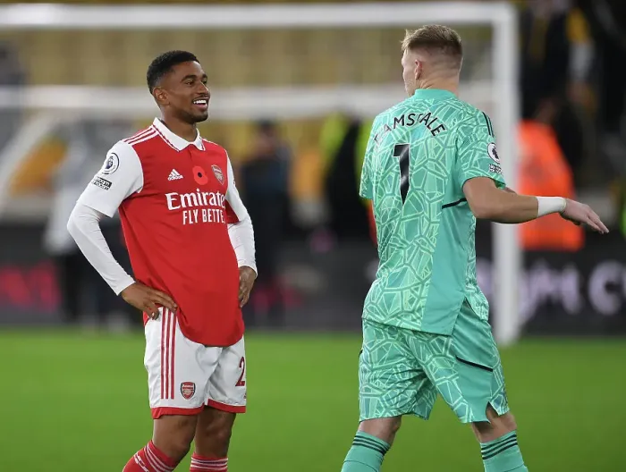 Framed Print : Arsenal's Reiss Nelson and Aaron Ramsdale Celebrate Victory Over Wolverhampton Wanderers in 2022-23 Premier League