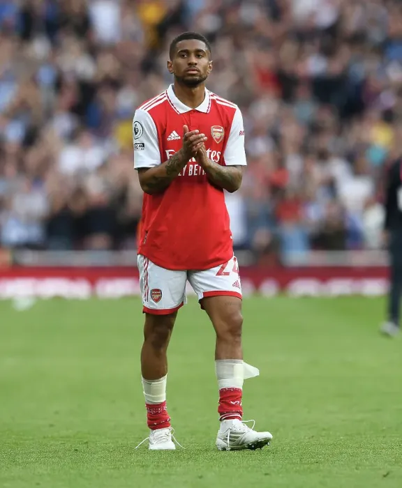 Framed Print : Arsenal's Reiss Nelson Celebrates with Fans after Arsenal v Brighton & Hove Albion Win, Premier League 2022-23