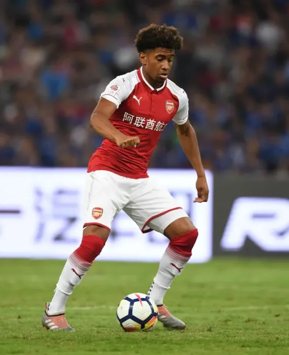 Framed Print : Arsenal's Reiss Nelson Faces Off Against Chelsea in Beijing Pre-Season Friendly