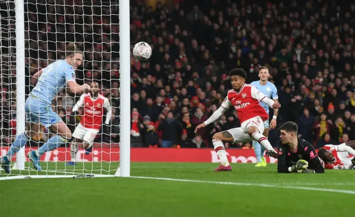 Framed Print : Arsenal's Reiss Nelson Scores the Winner Against Leeds United in FA Cup Third Round