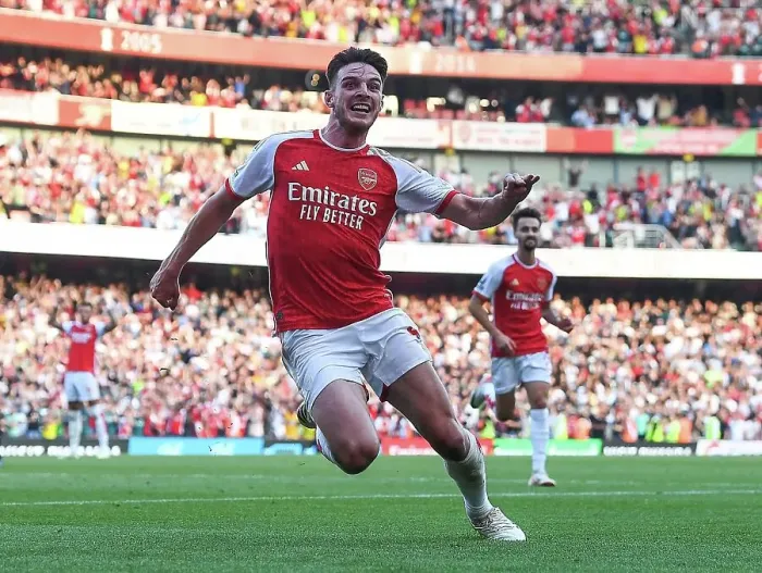 Framed Print : Arsenal's Rice Scores Second: Arsenal FC vs Manchester United, Premier League 2023-24