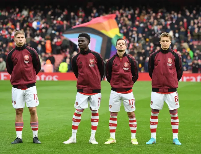 Framed Print : Arsenal's Rising Stars: Smith Rowe, Saka, Cedric, and Odegaard Unite Before Arsenal vs. Brentford