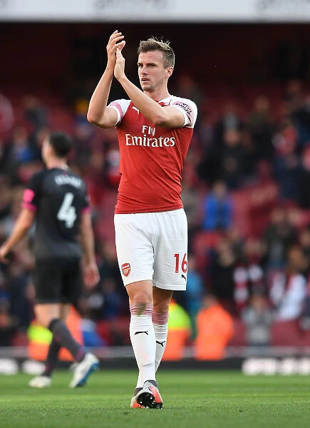 Arsenal's Rob Holding Celebrates with Fans after Arsenal v Everton Match