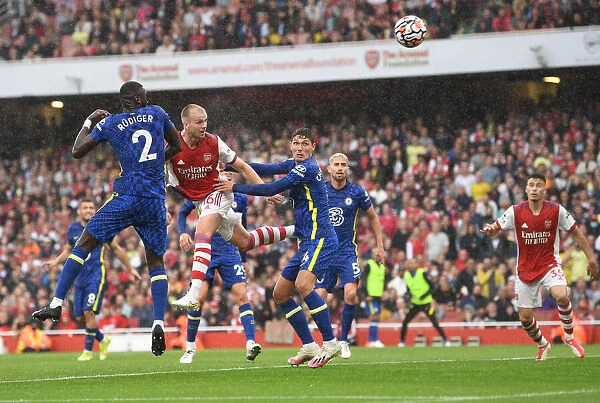 Arsenal's Rob Holding Charges Towards Goal in Arsenal v Chelsea Clash (2021-22)