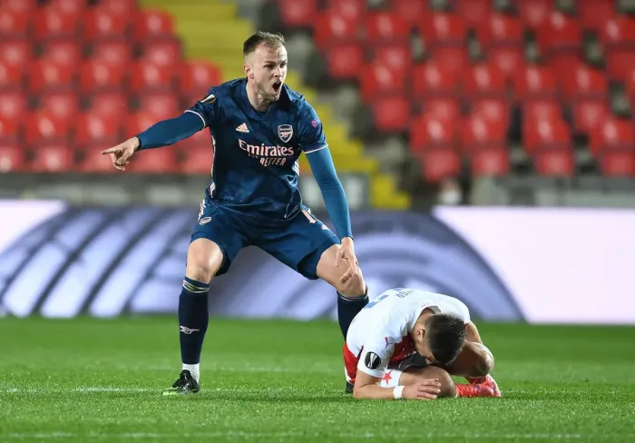 Framed Print : Arsenal's Rob Holding in Empty Eden Arena: Arsenal vs. Slavia Praha, UEFA Europa League Quarterfinal (April 2021)