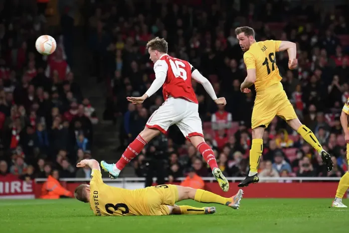 Framed Print : Arsenal's Rob Holding Scores Second Goal Against FK Bodo / Glimt in Europa League Match