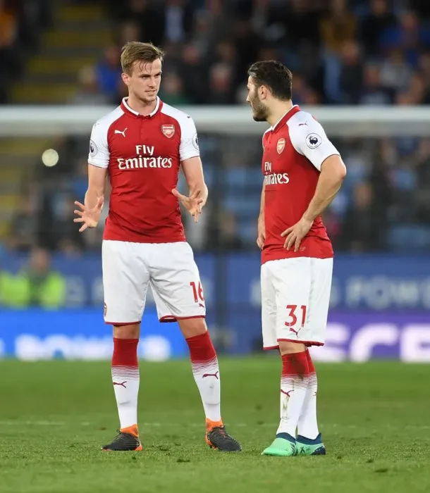 Framed Print : Arsenal's Rob Holding and Sead Kolasinac in Deep Conversation during Leicester Clash (2017-18)