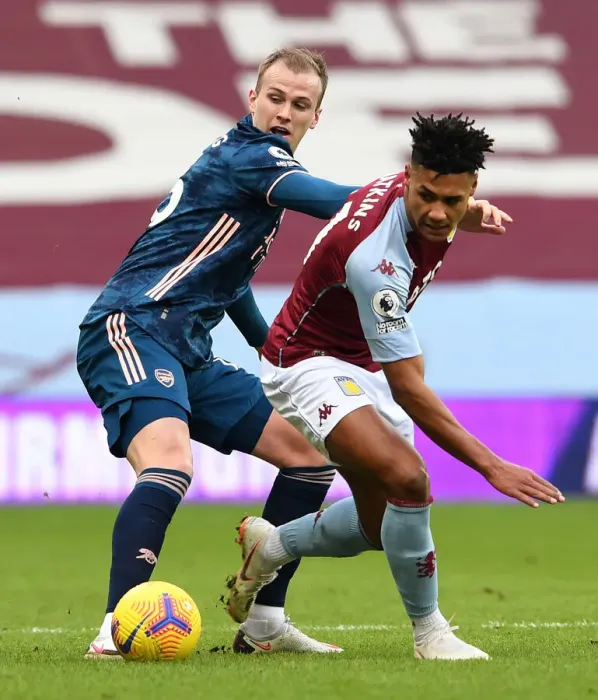 Framed Print : Arsenal's Rob Holding Shuts Down Ollie Watkins in Aston Villa vs Arsenal Premier League Clash Framed Print : Arsenal's Rob Holding Shuts Down Ollie Watkins in Aston Villa vs Arsenal Premier League Clash