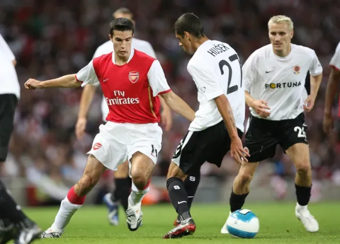 Framed Print : Arsenal's Robin van Persie Scores Three against Sparta's Lubos Husek in UEFA Champions League Match
