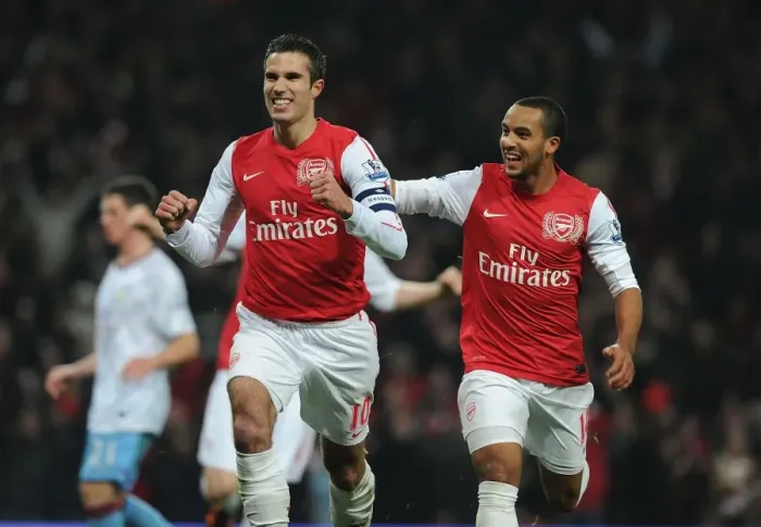 Framed Print : Arsenal's Robin van Persie and Theo Walcott Celebrate Goal in FA Cup Fourth Round Match vs Aston Villa