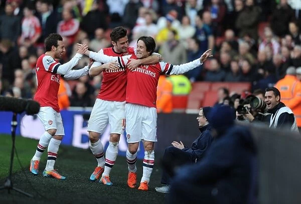 Arsenal's Rosicky, Cazorla, and Giroud: Triumphant Celebration of Three Goals Against Sunderland (2013-14)