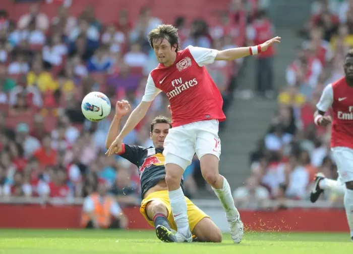 Framed Print : Arsenal's Rosicky Clashes with Marquez of New York Red Bulls during the Emirates Cup Match