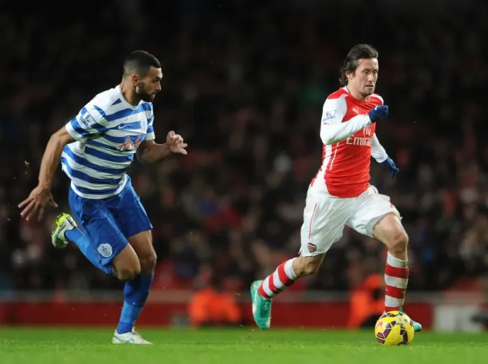 Framed Print : Arsenal's Rosicky Clashes with QPR's Caulker in Premier League Showdown Framed Print : Arsenal's Rosicky Clashes with QPR's Caulker in Premier League Showdown
