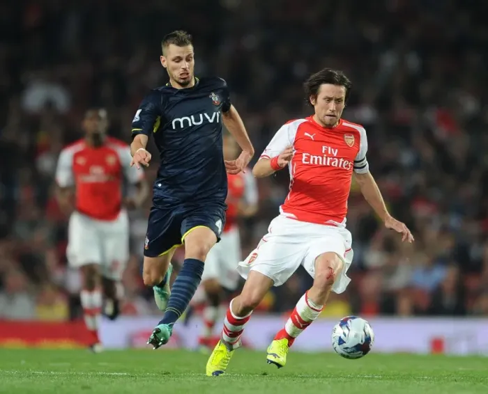 Framed Print : Arsenal's Rosicky Faces Off Against Southampton's Schneiderlin in League Cup Clash Framed Print : Arsenal's Rosicky Faces Off Against Southampton's Schneiderlin in League Cup Clash