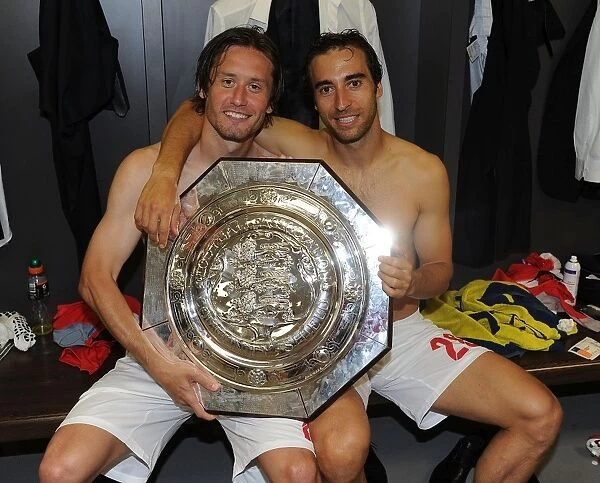 Arsenal's Rosicky and Flamini Celebrate FA Community Shield Victory over Manchester City