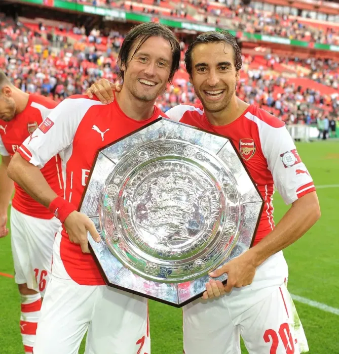 Framed Print : Arsenal's Rosicky and Flamini Celebrate FA Community Shield Victory over Manchester City Framed Print : Arsenal's Rosicky and Flamini Celebrate FA Community Shield Victory over Manchester City