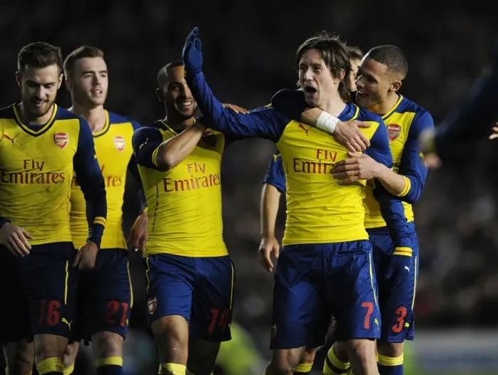 Framed Print : Arsenal's Rosicky, Gibbs, Ramsey, Chambers, and Walcott Celebrate Goals Against Brighton in FA Cup
