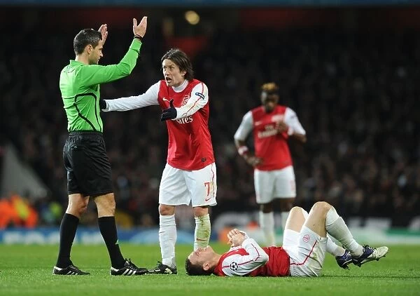 Arsenal's Rosicky Protests Ref Decision Against Vermaelen vs AC Milan, 2012 Champions League